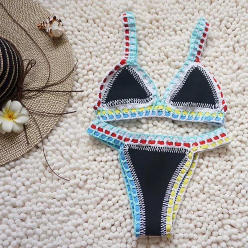 Rainbow Bohemian Trim Crochet Bathing Suit Swimsuit Sets