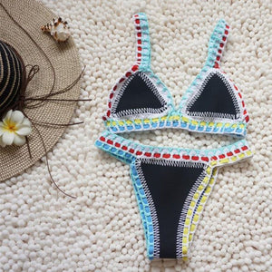 Rainbow Bohemian Trim Crochet Bathing Suit Swimsuit Sets