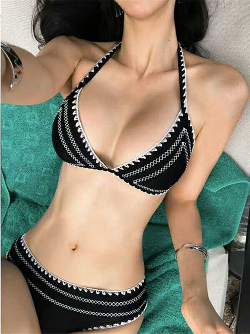 Boho Scalloped Ric Rac Trim Crochet Knitted Bathing Bikini Swimming Suit