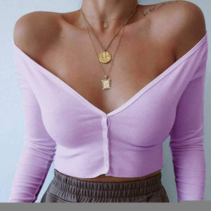 Ribbed Off The Shoulder Cropped Button Up Knit Tops on sale - SOUISEE