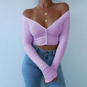 Ribbed Off The Shoulder Cropped Button Up Knit Tops on sale - SOUISEE