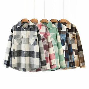 Classic Thick Colorblock Checked Button Down Woolen Shirt Jacket on sale - SOUISEE