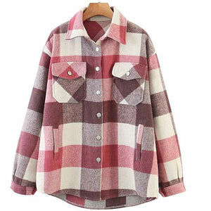 Classic Thick Colorblock Checked Button Down Woolen Shirt Jacket on sale - SOUISEE