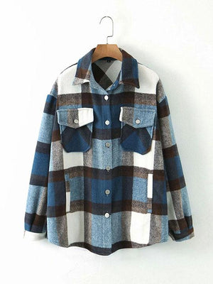 Classic Thick Colorblock Checked Button Down Woolen Shirt Jacket on sale - SOUISEE