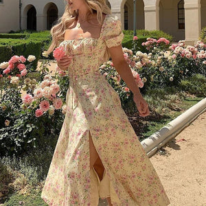Boho Flower Garden Floral PUFF SLEEVE Square Neck Side Thigh Split Midi Dress on sale - SOUISEE