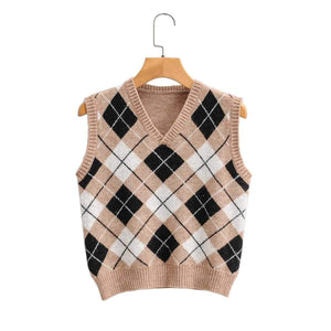 Checkered Cropped Knitted Tank Argyle Sleeveless Jumper on sale - SOUISEE