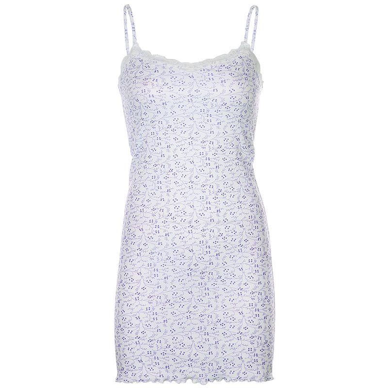 Nice Ribbed White Lace Trim Floral Print Dress With Ruffles on sale - SOUISEE