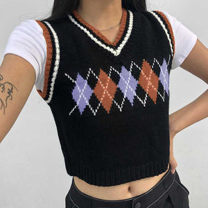 Checkered Cropped Knitted Tank Argyle Sleeveless Jumper on sale - SOUISEE