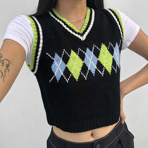 Checkered Cropped Knitted Tank Argyle Sleeveless Jumper on sale - SOUISEE