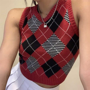 Checkered Cropped Knitted Tank Argyle Sleeveless Jumper on sale - SOUISEE