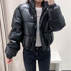 Water Repellent Faux Leather Cotton Padded Waxed Puffer Jacket on sale - SOUISEE