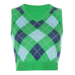 Checkered Cropped Knitted Tank Argyle Sleeveless Jumper on sale - SOUISEE