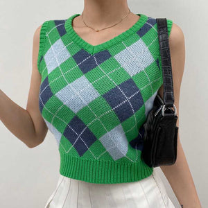 Checkered Cropped Knitted Tank Argyle Sleeveless Jumper on sale - SOUISEE