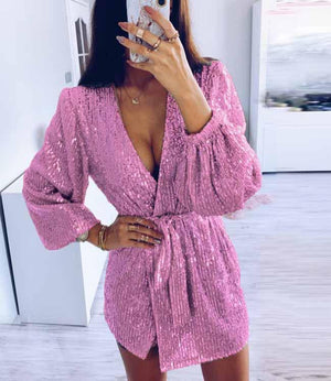 Glitter Deep V Neck Tie Waist Long Sleeve Sparkly Dress on sale - SOUISEE