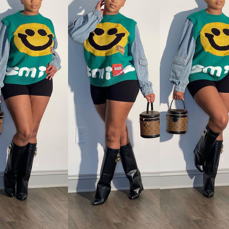 Y2k Smiley Face Fuzzy Embroidered Color Block Knit Denim Sweatshirt Coat