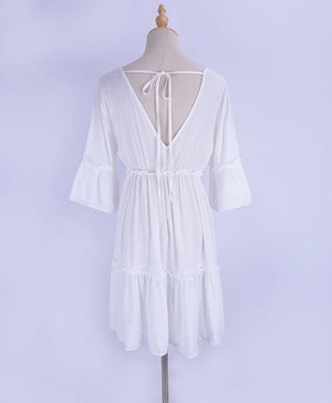 Deep V Back White Lantern Sleeve Frill Dress With Ruffles At Bottom on sale - SOUISEE