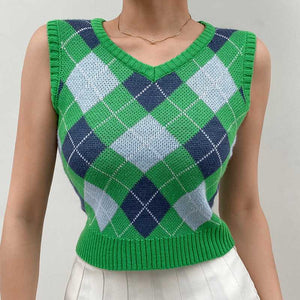 Checkered Cropped Knitted Tank Argyle Sleeveless Jumper on sale - SOUISEE