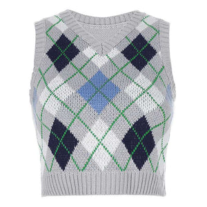 Checkered Cropped Knitted Tank Argyle Sleeveless Jumper on sale - SOUISEE