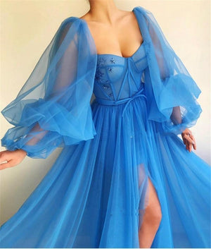 Embroidered Corset Puffy Sleeve Mesh Tulle Ball Gown Thigh Split Bridesmaid Dress on sale - SOUISEE