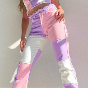 Slim Fit Stitched Color Block Straight Leg Jeans Ripped Denim Trousers on sale - SOUISEE
