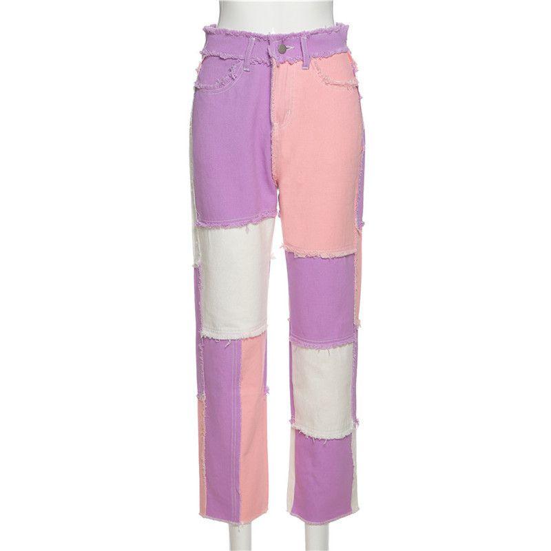 Slim Fit Stitched Color Block Straight Leg Jeans Ripped Denim Trousers on sale - SOUISEE