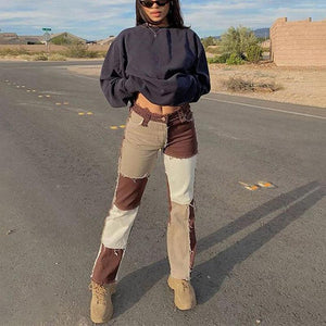 Slim Fit Stitched Color Block Straight Leg Jeans Ripped Denim Trousers on sale - SOUISEE