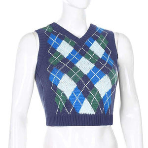 Checkered Cropped Knitted Tank Argyle Sleeveless Jumper on sale - SOUISEE