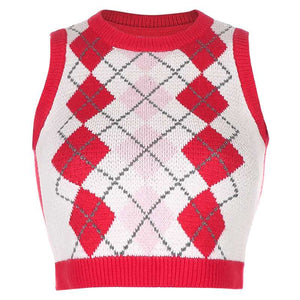 Checkered Cropped Knitted Tank Argyle Sleeveless Jumper on sale - SOUISEE