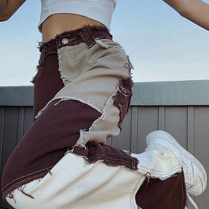 Slim Fit Stitched Color Block Straight Leg Jeans Ripped Denim Trousers on sale - SOUISEE