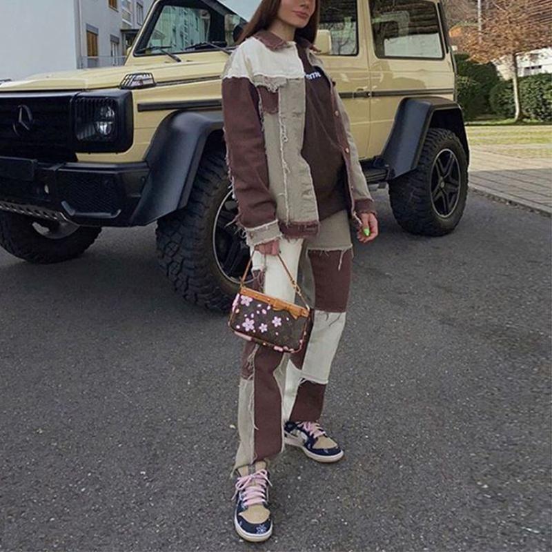 Slim Fit Stitched Color Block Straight Leg Jeans Ripped Denim Trousers on sale - SOUISEE