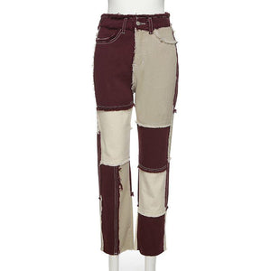 Slim Fit Stitched Color Block Straight Leg Jeans Ripped Denim Trousers on sale - SOUISEE