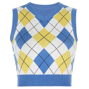 Checkered Cropped Knitted Tank Argyle Sleeveless Jumper on sale - SOUISEE