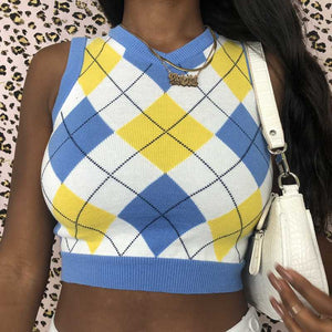 Checkered Cropped Knitted Tank Argyle Sleeveless Jumper on sale - SOUISEE