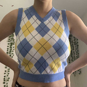 Checkered Cropped Knitted Tank Argyle Sleeveless Jumper on sale - SOUISEE