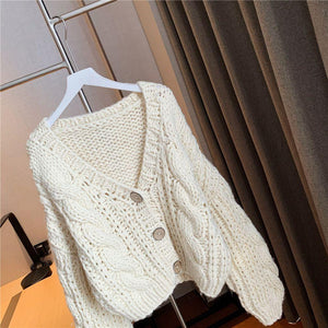 Hand Knitted Braid Chunky Cable Knit V Neck Button Crop Cardigan Sweater on sale - SOUISEE