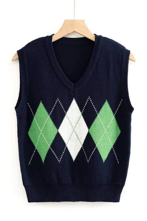 Checkered Cropped Knitted Tank Argyle Sleeveless Jumper on sale - SOUISEE