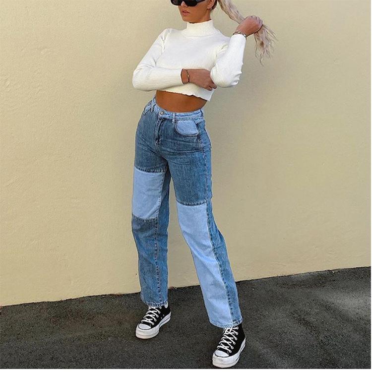 Slim Fit Stitched Color Block Straight Leg Jeans Ripped Denim Trousers on sale - SOUISEE