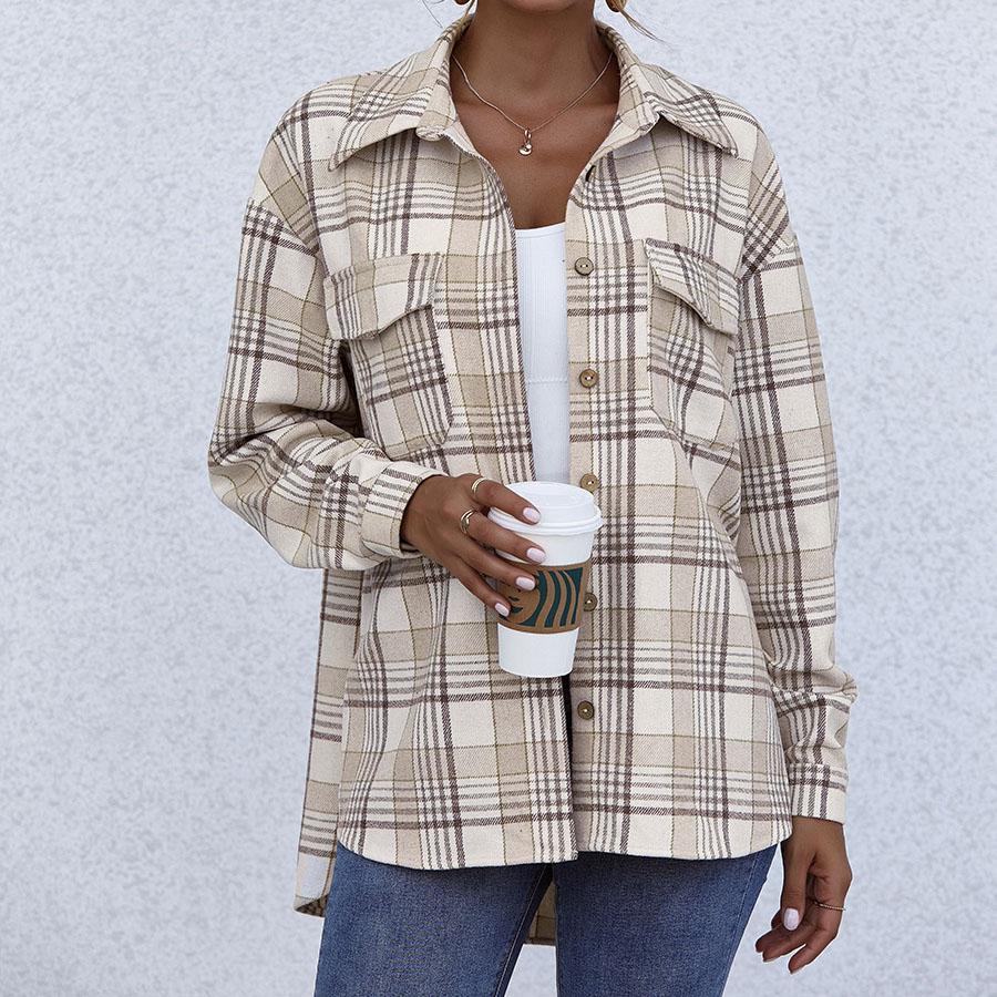 Blend Wool Brushed Plaid Pattern Shacket Collared Flannel Shirt Jacket on sale - SOUISEE