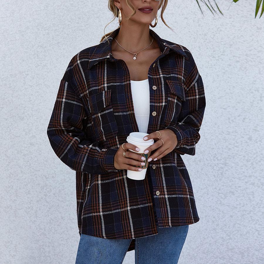 Blend Wool Brushed Plaid Pattern Shacket Collared Flannel Shirt Jacket on sale - SOUISEE