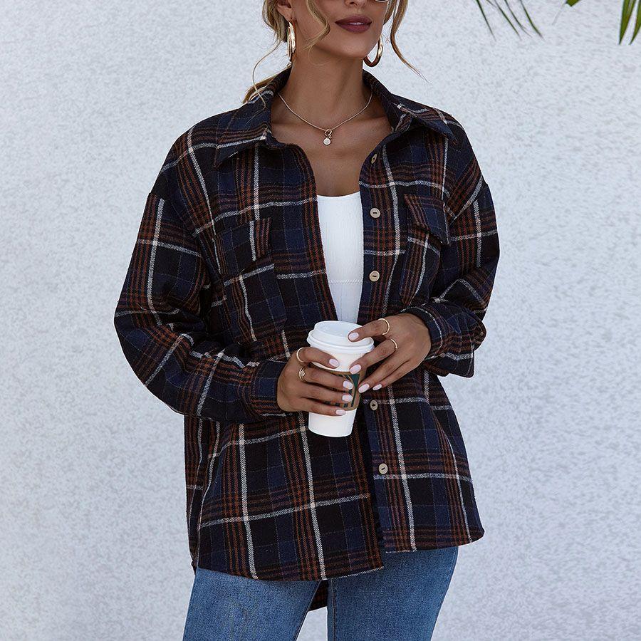 Blend Wool Brushed Plaid Pattern Shacket Collared Flannel Shirt Jacket on sale - SOUISEE