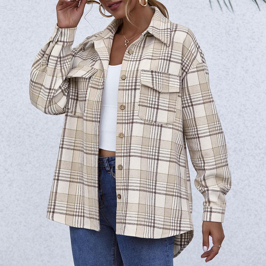Blend Wool Brushed Plaid Pattern Shacket Collared Flannel Shirt Jacket on sale - SOUISEE