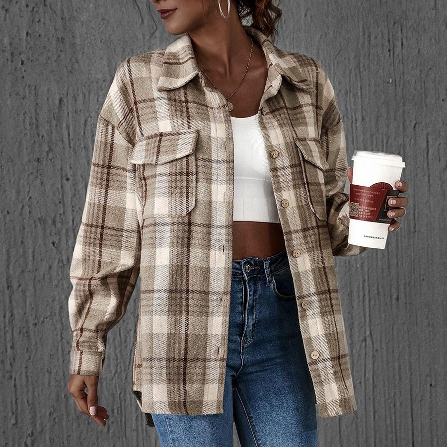 Blend Wool Brushed Plaid Pattern Shacket Collared Flannel Shirt Jacket on sale - SOUISEE