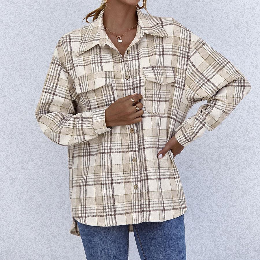 Blend Wool Brushed Plaid Pattern Shacket Collared Flannel Shirt Jacket on sale - SOUISEE