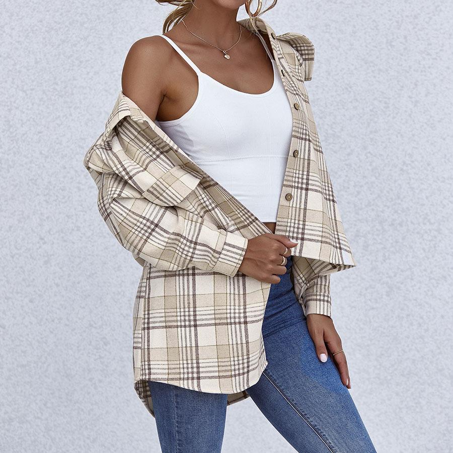 Blend Wool Brushed Plaid Pattern Shacket Collared Flannel Shirt Jacket on sale - SOUISEE