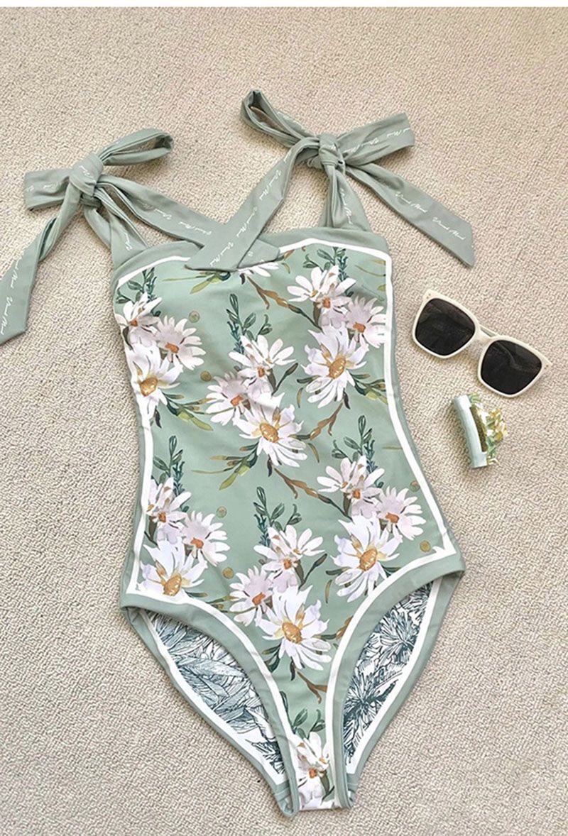 Reversible Tie Up Floral One Piece Swimsuits With Tummy Control Long Torso Bathing Suits