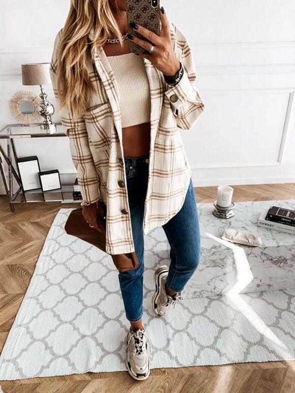 Blend Wool Brushed Plaid Pattern Shacket Collared Flannel Shirt Jacket on sale - SOUISEE