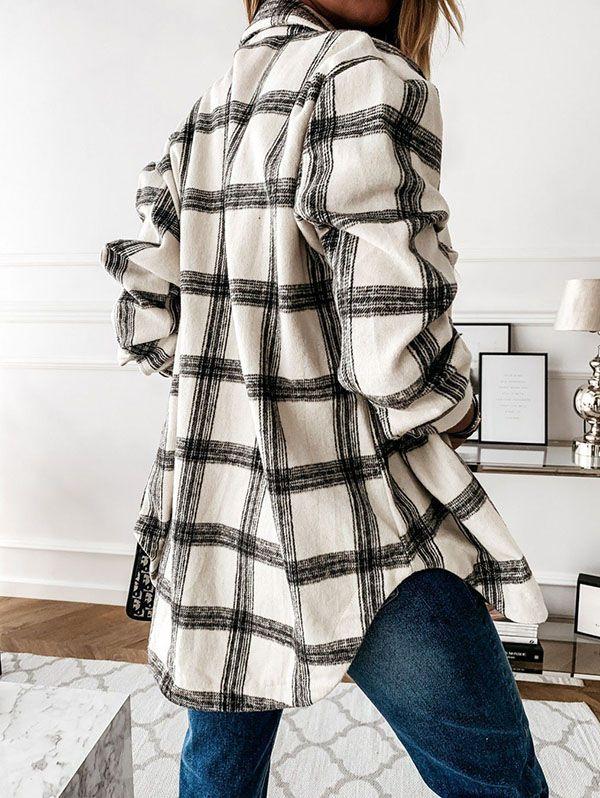 Blend Wool Brushed Plaid Pattern Shacket Collared Flannel Shirt Jacket on sale - SOUISEE