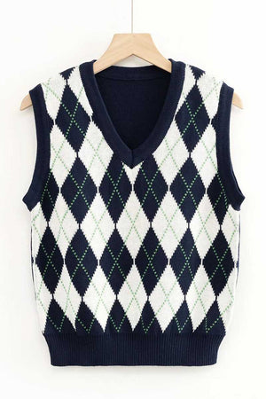 Checkered Cropped Knitted Tank Argyle Sleeveless Jumper on sale - SOUISEE