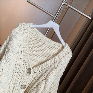 Hand Knitted Braid Chunky Cable Knit V Neck Button Crop Cardigan Sweater on sale - SOUISEE