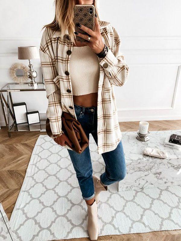 Blend Wool Brushed Plaid Pattern Shacket Collared Flannel Shirt Jacket on sale - SOUISEE